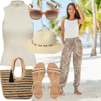 Outfit sa Smeđa/Ljubičasta/Bež Hlača s Perjem/Hlača s Uzorkom/Naborane hlače/Baggy Hlače/Štofaste hlača/Hlača za Plažu Lascana "Outfit za odmor"