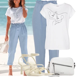 Šik Outfit sa Svjetloplava/Plava Hlače S Naborom/Hlače s prednjim naborom/3/4 Hlača/Boyfriend Hlače/Carrot Hlače/Hlače Visokog Struka/Hlače od muslina/Hlače s Prorezom/Paperbag Hlača/Slip-on Hlača Lascana "Outfit za odmor"Look: Rap, 50-ih godina, 90-ich, klasický, Šik, cool, Elegantan, Prekrasan, Ured, Old Money, Vanjski