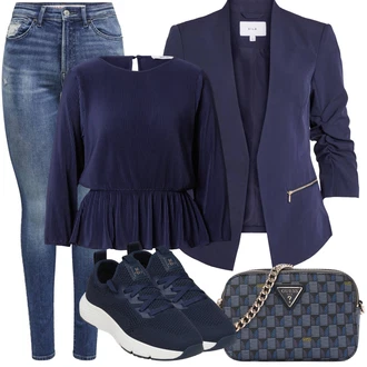 Krátká Outfit s Tmavě modrá Plisovaná Halenka/Kožená bunda pro muže/Halenkový Top/Halenka s Dlouhým Rukávem/Peplum blůza About You "Outfit na léto"