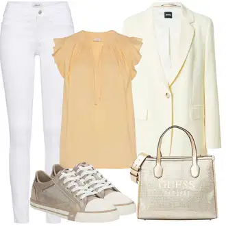 Moderní Outfit s Bílá/Hnědá/Černá Džín s Širokou Nohavicí/Dámské Džíny s Délkou 7/8/Zvonové Džíny/Zkrácené Džíny/Formální Košile/Džíny Culottes/Plisované Džíny Only "Outfit na léto"Look: Styl, Cool, Francouzské, Italský, Námořní, Moderní, Mom, Krásný, Španělské, Western, Old Money, 70tá léta