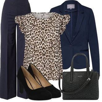 Outfit s Tmavě modrá/Modrá Široká Kalhoty/Kalhoty Bootcut/Palazzo Kalhoty/Kalhoty se Štěrbinou/Kalhoty s Vysokým Pasem/Rozšířená Kalhoty/Marlene Kalhoty/Business Kalhoty/Obleková Kalhoty Drykorn "Outfit na dovolenou"