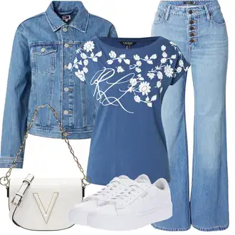 Outfit sa Svjetloplava/Plava Trapez Traperice/High Waist Traperice/Traperice Široke Nogavice/Vintage traperice/Traperice s Prorezom/Muška majica/Culotte Traperice Polo Ralph Lauren "Outfit za odmor"