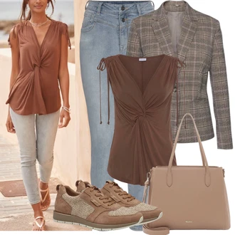 Outfit s Hnědá/Béžová Kožená Pánská Bund/Kostkované Sako/Tvídové Sako/Kožená bunda pro muže/Kožená bunda Lascana "Outfit na léto"