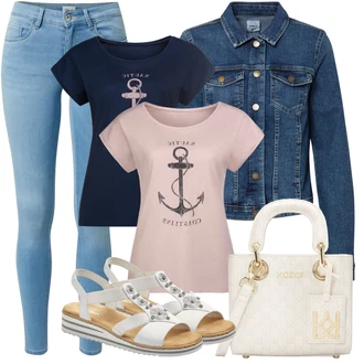 Outfit sa Plava/Tamnoplava/Svjetloplava Kratka Traper Jakna/Vintage Jakna/Traper Jakna Only "Outfit za odmor"