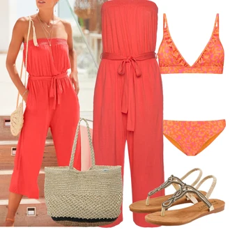Outfit s Červená Letní Overall/Overal s půlkulatým výstřihem/Elegantní Overal/Slavnostní Overall/Overal se širokými nohavicemi Lascana "Outfit na léto"