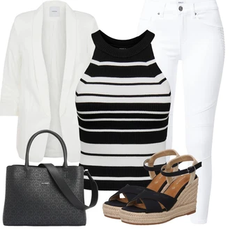 Outfit s Černá/Béžová/Hnědá/Tmavě modrá Sandál na klínku/Espadrilka s klínovým podpatkem/Bota Na Klínku/Espadrilka na Podpatku/Espadrille sandál Tom Tailor "Letní vzhled pro módní ženy"