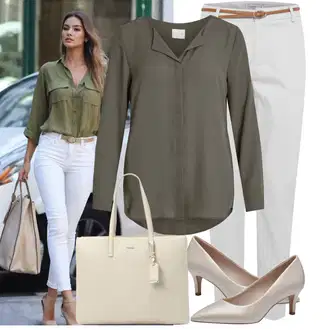 90-ich, Stil Outfit sa Tamnozelena/Kaki/Siva/Smeđa Bluza s gumbom/Duga Bluza/Bluza Dugih Rukava/Tunika Majica/Slip-on Bluza/Bluza s Podignutim Ovratnikom/Svilena bluza/Poslovna Bluza/Bodija Bluze/Jednobojna Bluza/Kožna jakna/3/4 Bluza Vila "Proljetni outfit"Look: klasický, Lagano, Stil