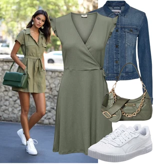 Outfit s Tmavě zelená/Zelená Žerzejové Šaty/Zavinovací Šaty JdY "Módní outfit pro volný čas"