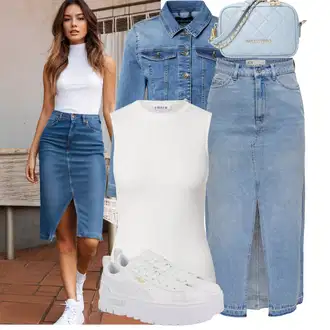 A-kroj Outfit sa Svjetloplava/Plava Kratke hlače velike veličine/Haljina Veći Broj JdY "Lijepi outfit za slobodno vrijeme"Look: Stil, Rap, Prevelik, A-kroj, 90-ich, Old Money, Vintage, Transparentan