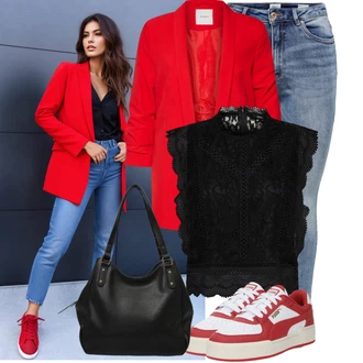 Outfit s Červená/Tmavě červená Oversize Sako/Boyfriend Sako/Dlouhý Sako/Teplákový blejzr/Kožená bunda pro muže Pieces "Lehký outfit"