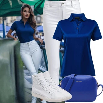 Outfit s Modrá Polo Tričko denim culture "Výstřední outfit s koženými kalhotami a polokošilem"