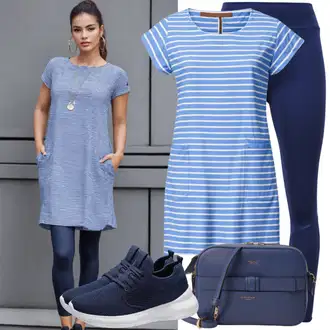 Pletené Outfit s Tmavě modrá/Modrá Šaty s Rozparkem/Plisované Šaty/Maxi Šaty/Plážové Šaty/Dlouhé Letní Šaty Mango "Vzdušný outfit s letním šaty a legíny"