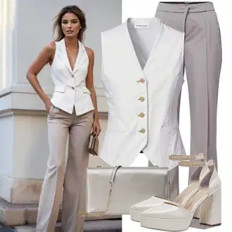Chic Outfits Poslovna mit Bela Dolg Brezrokavnik/Telovnik brez Rokava/Eleganten Telovnik/Telovnik/Blezer brezrokavnik/Kratek Telovnik/Poslovni telovnik Armani Exchange "Ženski outfit z Marlene hlačami in telovnikom"Look: Pametno priložnostno, Mokrega videza, Overdressed, Eleganten, 20-ta leta, Plemenita, Lak, Egirl, Premij, Oven, Pisarna, Modernen, Univerzitetni, Poslovna, Stari denar, Kul