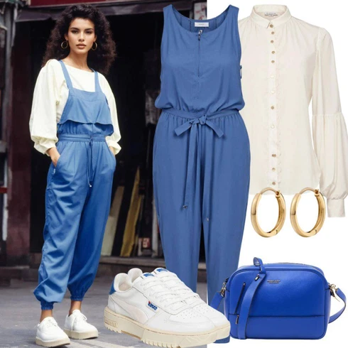 Kombinace Modrá/Světle modrá Overal s půlkulatým výstřihem/Overal se širokými nohavicemi/Elegantní Overal/Letní Overall/Plisovaný Overal Wal g.