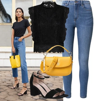 Vysoké Podpatky Outfit s Černá/Béžová Sandál Na Podpatku/Přezková bota/Podpatek na klínku/Platform Sandal/Sandály na hřídeli/Semiortopedická bota About You "Lehký outfit"