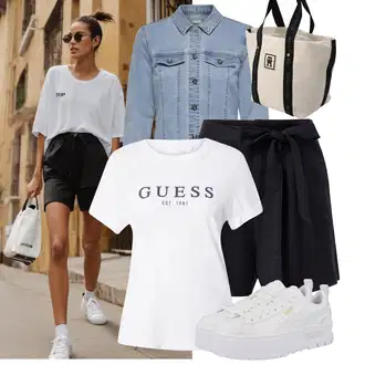 Old Money Outfit s Černá/Tmavě modrá/Modrá Košile Lněný kraťas/Papírové Šortky/Bermuda/Šortky/Pytlovitý Šortky/Mušelínové Šortky VERO MODA "Stylový vzhled pro volný čas"Look: Lehký, Emo, Rad, Cool, Krásný, Old Money, Traditional