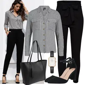Outfit sa Crna/Smeđa/Tamnoplava Majica/Bluza s Podignutim Ovratnikom/Karirana Bluza/Poslovna Bluza/Bluza Dugih Rukava/Bluza s gumbom/Bluza s zakrpom na laktu Vero Moda Petite "Moderni ljetni outfit"