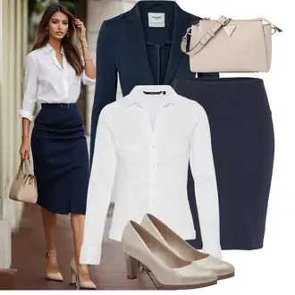 Outfit s Tmavě modrá/Modrá Tužková sukně/Elastická Sukně/Sukně S Délkou Ke Kolenům/Sukně do Délky Lýtka/Moderní Sukně/Kancelářská Sukně Kaffe "Stylový vzhled pro volný čas"