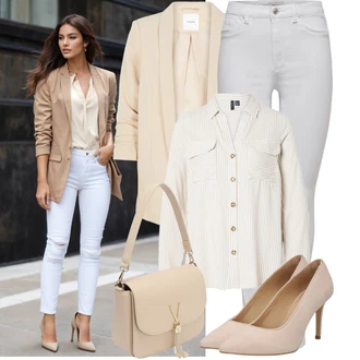 Outfit s Béžová/Hnědá/Bílá/Khaki Halenka Blůza s knoflíčkem/Manšestrová Halenka/Halenka s Dlouhým Rukávem/Halenkové Body/Businessová Halenka VERO MODA "Praktický Vzhled"