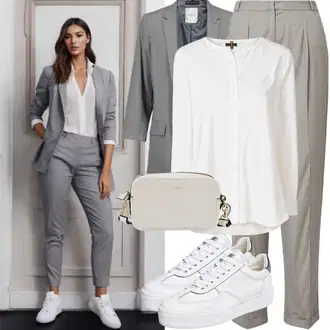 Kombinacije za matični ured Ležerno Gost sa Krem/Bijela Tenisica s platformom/Debele Tenisice Big Star, Krem/Bijela/Ljubičasta/Smeđa Uska Kroj Bluza/Bluza s Podignutim Ovratnikom/Bluza s Mašnom/Bodija Bluze/Bluza koja se ne pegla/Poslovna Bluza Guess, Siva/Svjetlosiva Kostim/Poslovne hlače za odijelo/Moderni odijelo/Elegantno odijelo/Odijelo za Vjenčanje Trendyol "Casual Hozenanzug Outfit"Look: Streetwear, Estetika, Atraktivan, Ležerno, Boja, Prevelik, Sportski, Trendi, Unisex, Šik, Pametno ležerno, Radna odjeća, Ured, Poslovni, Premium, Elegantan, 20-ih godina, Chic
