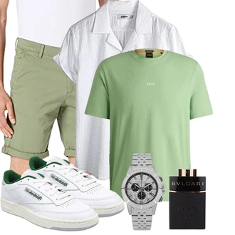 20er Jahre Outfit mit Weiß/Dunkelgrün/Khaki Chino Shorts/Bermuda/Musselin Shorts Jack & Jones "Casual Look"Look: Nahtlos, Schön, 20er Jahre, Smart Casual, Löwe, Old Money