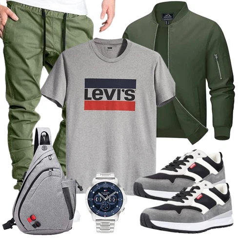 Dunkelgrün Kunstfaserjacke/Fliegerjacke/Jacke mit Seitlichem Reißverschluss/Bomberjacke MAGCOMSEN kombinieren mit Grau T-Shirt levi's