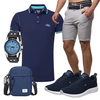Old Money Outfit mit Grau/Khaki/Hellgrau Chino Shorts/Bermuda/Kurze Hose/Musselin Shorts Indicode "Casual Outfit"Look: Casual, Classic, Feine, Nahtlos, Sportlich, Moderne, Old Money