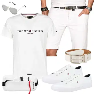 Outfit mit Creme/Weiß/Khaki Jeans Short/Bermuda/Chino Shorts/Leinen-short/Kurze Hose/Musselin Shorts Alessandro Salvarini "Casual Outfit"