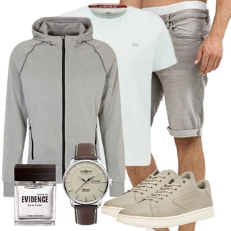 Old Money Outfit mit Grau/Hellgrau/Beige/Khaki Jeans Short/Bermuda/Chino Shorts/Leinen-short/Kurze Hose/Musselin Shorts Indicode "Casual Outfits"Look: Rad, Feine, Boyfriend, Smart Casual, Sportlich, Nahtlos, Moderne, Coole, Italienische, Old Money