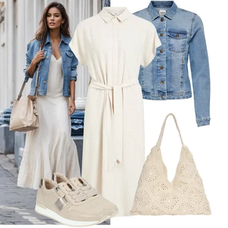 Elegantan Outfit sa Bež/Smeđa/Kaki/Bijela Haljina Veći Broj/Tunika Object "Ljetna odjeća"Look: Rad, Sveučilišna, Old Money, Preodjeven, Mom, Elegantan, 20-ih godina