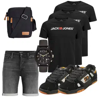Sommer Outfits Coole mit Dunkelgrau/Grau Jeans Short/Bermuda/Kurze Hose Jack & Jones "Cool Outfit"Look: Coole, Premium, Overdressed, Schön, Moderne, Schlichte, Bad Taste, Skater, Löwe