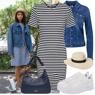 Punije Outfit sa Bijela/Krem/Tamnoplava Haljina Veći Broj/Tunika/Haljina Pieces "Ljetna odjeća"
