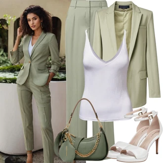 Outfity pro matriční úřad Lehký s Zelená/Neonové barvy Široká Kalhoty/Plážová Kalhoty/Mušelínové kalhoty/Kožená Pánská Bund/Palazzo Kalhoty/Slinky Kalhoty/Žerzejová Kalhoty/Navlékací Kalhoty/Marlene Kalhoty/Domácí Kalhoty jjxx "Dokonale vypracovaný styl kalhotového obleku"Look: Lehký, 90tá léta, Blokování barev, Venkovní