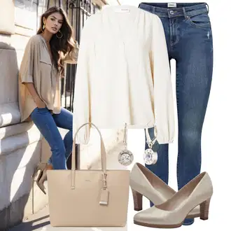 Outfit sa Bijela/Krem/Bež/Kaki Bluza s Podignutim Ovratnikom/Bluza s Puf Rukavom/Bluza Dugih Rukava/Kožna jakna za muškarce SELECTED FEMME "Lagana odjeća"