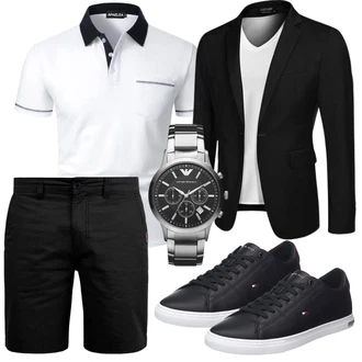 20er Jahre Outfit mit Schwarz Chino Shorts/Leinen-short/Bermuda solid "Elegant Outfit"Look: Classic, Skater, Coole, Sportlich, Smart Casual, Casual, 20er Jahre, Schlichte, Lack, Premium