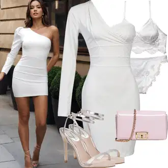 Kombinacije za zabavu Seksi sa Bijela/Zeleno/Krem Haljina Trendyol "Elegantan izgled vjenčanog gosta"Look: GoGo, Burleska, Ekstravagantno, Elegantan, Preodjeven, Old Money, Chic, Seksi