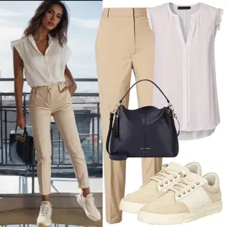 Outfit s Hnědá/Krémová/Bílá Krajkované tričko/Košilová Blůza/Zkrácený Top Only "elegantní letní vzhled"