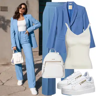 Outfit s Světle Modrá/Modrá Blejzrové Bund/Boyfriend Sako/Neformální Sako/Kožená bunda pro muže/Elegantní Sako/Krátké Sako/Kožená Pánská Bund WE Fashion "elegantní obchodní vzhled dáma"