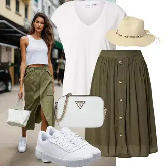 Outfit s Béžová/Bílá/Krémová/Žlutá Klobouk/Pokrývka hlavy About You "Módní letní vzhled"