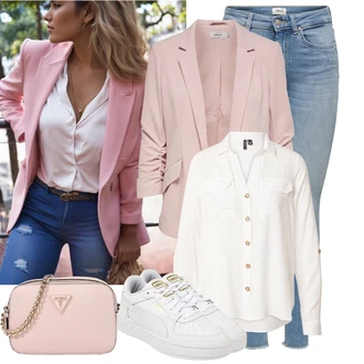 Outfit s Bílá/Krémová/Tmavě modrá/Khaki Halenka Blůza s knoflíčkem/Blůza s nášivkou na lokti/Halenka s Dlouhým Rukávem VERO MODA "Lehký outfit"
