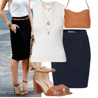 Outfit s Tmavě modrá/Krémová/Žlutá/Bílá Sukně Pro Vysokou Školu/60tého Léta Sukně/Krátká Sukně/90tá Léta Sukně/80tého Léta Sukně/Moderní Sukně/Pletená Sukně/70tá Léta MiniSukně/Tužková Sukně/Unisex Sukně/Sukně boucle Ichi "Praktický Vzhled"