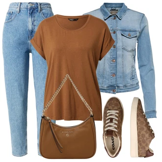 Maskáčový Outfit s Hnědá/Béžová/Krémová Teniska teddy/Kožené Tenisky/Nízká Teniska/Teniska s dírkovaným vzorem/Vintage Teniska/Úzká Teniska Coach "Hezký letní vzhled"