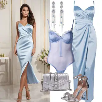 Elegantní outfity Matriční úřad s Světle modrá/Modrá Saténové šaty shyx "Jedinečný svatební styl"Look: Bar, 18. narozeniny, 30. narozeniny, Koncert, Firemní večírek, Den matek, Zvláštní příležitosti, 50. narozeniny, Ples, Matriční úřad, Galavečer, Narozeniny, Nový Rok