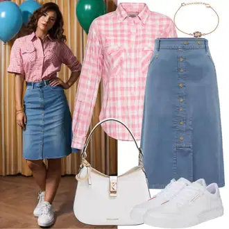 Outfit Inspo Poletje mit Roza Karirasta Srajca/Pisana majica Tommy Hilfiger, Rjava/Zelena/Modra Denim Krilo/Mini Krilo/Vintage denim krilo g star, Bež/Roza/Bela Torba za čez ramo/Torbica za okrog pasu/Torbica za čez ramo/Torba za čez ramo/Billfold/Mini torbica/Torbica za mobilni telefon/Satchel torba/Prozorna torba Steve Madden, Zlati/Rjava/Škrlatna Ogrlica/Ogrlica/Fine verižica answear lab "Klasičen 90-ih let oblačila"