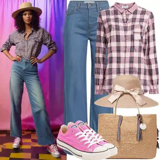 Outfit inspiracije 90-ich sa Pink Košulja of flanela/Šarena košulja/Karirana Košulja LTB "Kultna odjeća iz 90-ih godina"Look: Stil, klasický, Cowgirl, Western, Sveučilišna, 90-ich, Preppy, cool, 80-te roky, Skater, Rap