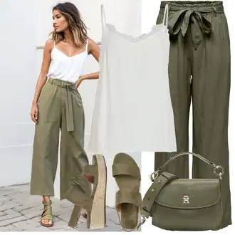 Outfit sa Kaki/Tamnozelena Paperbag Hlača/Hlače od muslina/Lanene Hlače/Tradicionalna Hlača/Široka Hlača JdY "Lijepi ljetni look"