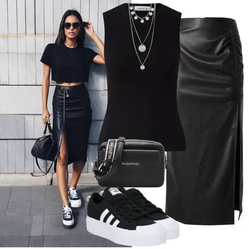 Kombinace Nový Rok Černá/Bílá/Šedá Vázací Sukně/Kožená Sukně/Zavinovací Sukně/Sukně z umělé kůže TopshopLook: Bar, 30. narozeniny, 40. narozeniny, Pohřeb, Koncert, Nový Rok, Zvláštní příležitosti, Matriční úřad, Narozeniny