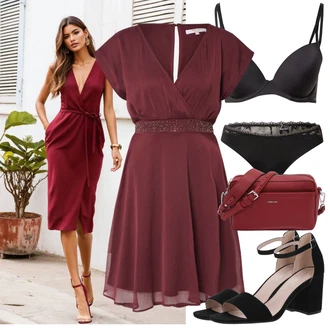 Outfit s Červená/Tmavě červená/Fialová/Vínová Občanské šaty/Šaty na Podzim/Žerzejové Šaty/Skater šaty/Společenské šaty pro hosta/Empire šaty/Římské šaty/Šaty s Páskem/Šaty na Konfirmaci/Šaty Do Áčka/Plesové Šaty About You "Stylové kombinace pro volný čas"