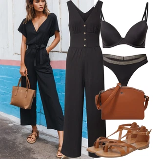 Outfit sa Crna/Tamnosiva/Siva Plisirani kombinezon/Kombinezon širokih nogavica/Ljetni kombinezon/Kombinezon s halterima/Elegantni kombinezon About You "Lijepi ljetni look"