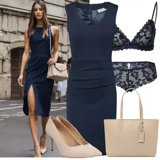 Outfit sa Tamnoplava Uska Haljina/Pamučna haljina/Pletena Haljina/Platnena Haljina/Haljina s Prednjim Patentnim Zatvaračem/Haljina Ravnog Kroja/Poslovna Haljina/Haljina za ured/Haljina Bez Rukava Kaffe "Lijepi ljetni look"